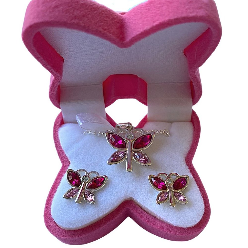 Pink Butterfly Earrings & Necklace in Case NEW